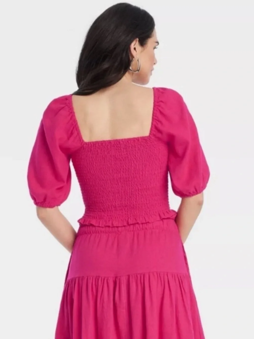 Linen Blend Off-Shoulder Smocked Crop & Midi Skirt Set in Fuchsia Pink